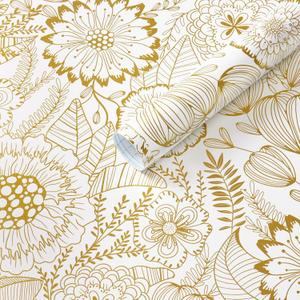 CiCiwind 197"17.3" Gold Floral Peel and Stick Wallpaper for Bedroom Bathroom Vintage Wall Paper White and Gold Contact Paper Removable Self Adhesive Eco-Friendly Wallpapers for Cabinets Vinyl Film