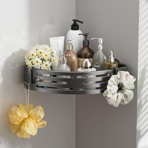 Corner Shower Caddy Suction Cup,Shower Shelves with Hooks,No Drilling Powerful Suction Bathroom Organizers and Storage,Removable Waterproof Rustproof Shower Bathroom Accessories Decor(Grey 1Pack)