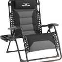 Zero Gravity Chair Oversized Recliner Padded Reclining Patio Chairs Folding XL Anti Gravity Lounge Chair with Adjustable Pillow and Cup Holder for Outdoor Camping Patio Lawn (X-Large/1 PCS, Black & Gray)