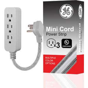 GE 3-Outlet Power Strip Extension Cord with Multiple Outlets 6 Inch Braided Short Cord Extension Cord Grounded Flat Plug ETL Listed Gray 53199