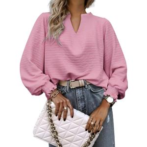 Womens Tops Dressy Casual Long Sleeve Shirts Loose V Neck Business Work Tunic Blouses (Pink, S)