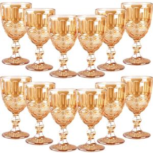 12 Pcs Vintage Wine Glasses, 10 Ounces Colored Glass Water Goblets, Unique Embossed Pattern High Clear Stemmed Glassware Wedding Party Bar Glass Drinking Cups, Floral Amber Glasses Set of 12, 3.5 inches x 6.7 inches