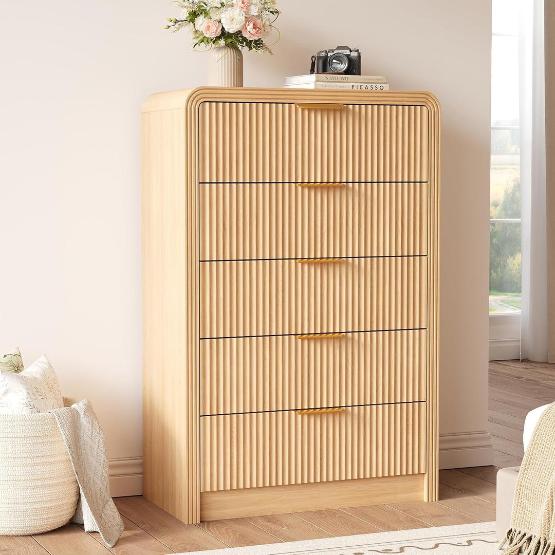 Decofy 48" H Fluted 5-Drawer Dresser for Bedroom, Natural Oak, 15.6"D x 31.5"W x 48"H