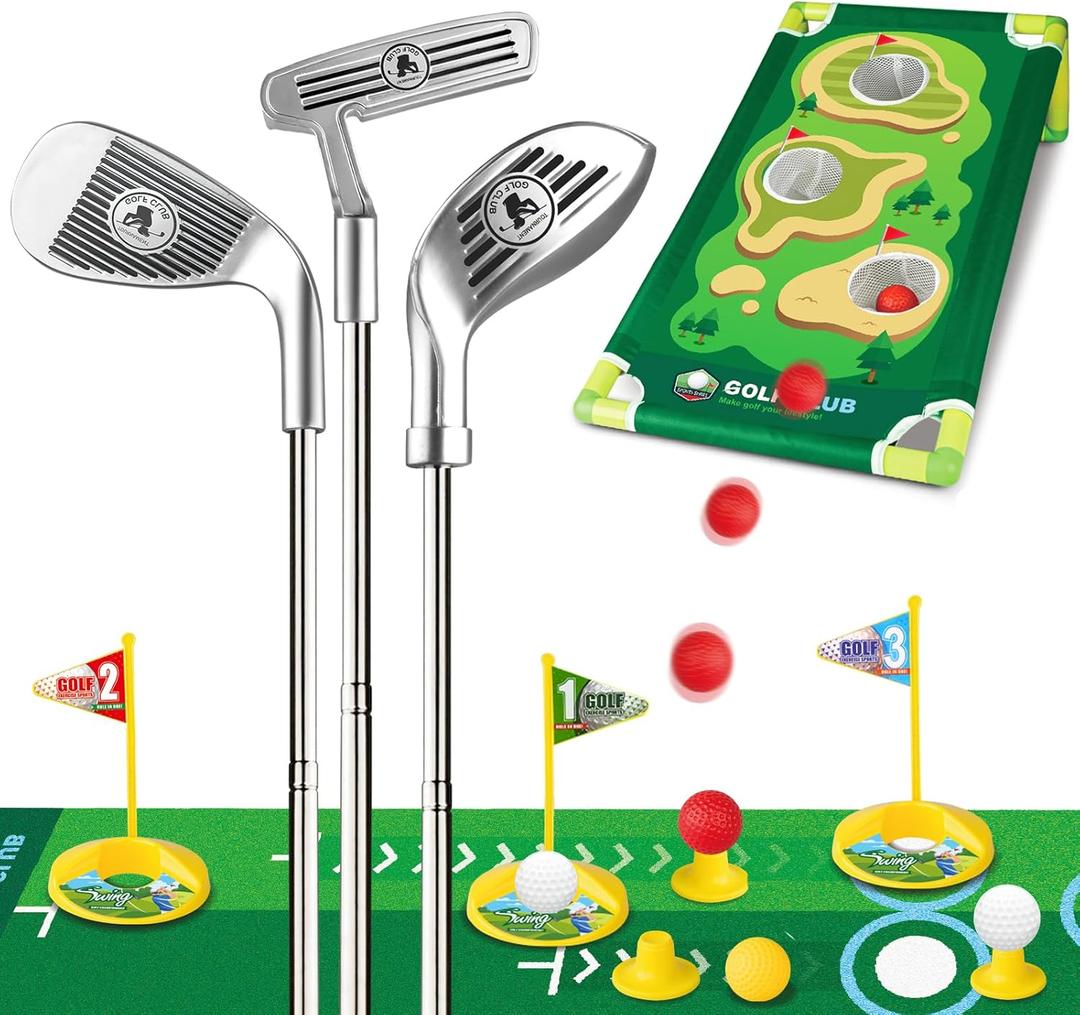 Liberry Kids Golf Set Aged 3 4 5 6 for Boys Girls, Retractable Toddler Golf Clubs Set with Putting Mat & Cornhole Board, Outdoor Indoor Sports Toy Birthday Gifts