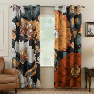 Floral Room Darkening Curtains  80% Blackout Botanical Kitchen Curtain Drapes, Boho Vintage Energy Efficient Shades Perfect for Living Room & Bedroom, W52 x84, 2 Panels