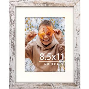 8.5x11 Picture Frame, Display Photos 6x8 with Mat or 8.5x11 without Mat, Poster Frame for Wall and Tabletop, Distressed White