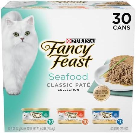 Purina Fancy Feast Seafood Classic Pate Collection Grain Free Wet Cat Food Variety Pack - (Pack of 30) 3 oz. Cans Exp.02/2029