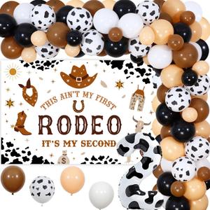 JOYMEMO My 2nd Rodeo Birthday Decorations Boy - Brown Cowboy Balloon Garland Arch Kit with This Ain't My First Rodeo Its My Second Birthday Backdrop, Number 2 Foil Balloon for Western Theme Party
