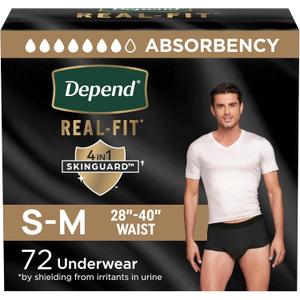 Depend Real Fit Adult Diapers, Incontinence Underwear for Men, Disposable, Maximum Absorbency, Small/Medium, Black, 72 Count, Packaging May Vary