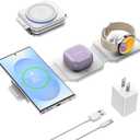 Travel Charger for Samsung Multi Devices, Foldable 3 in 1 Wireless Charging Station Fast Charging Stand/Pad Compatible for Samsung Galaxy S25/S24/S23/S22/S21/Note20 Galaxy Watch8/7/6/5/4/Galaxy Buds4 (Pure Ivory)