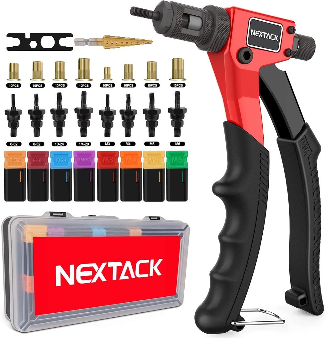 NEXTACK Rivet Nut Tool Kit with a Step Drill Bit & 80 Nutserts for Tight Space, 8" Rivnut Tool Set Riveter with 8 Mandrels 6-32 8-32 10-24 1/4-20 M3 M4 M5 M6 in Organized Rugged Carrying Case NT600