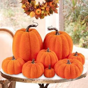 Ywlake Flocked Artificial Pumpkins Fall Decorations, Fake Pumpkin for Autumn Harvest Halloween Thanksgiving Faux Pumpkins Home Table Decor (8 Pcs, Orange)