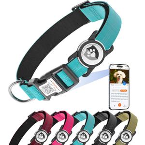 Reflective Dog Collar with AirTag Holder for Large Dogs Soft Nylon Blue Sized L