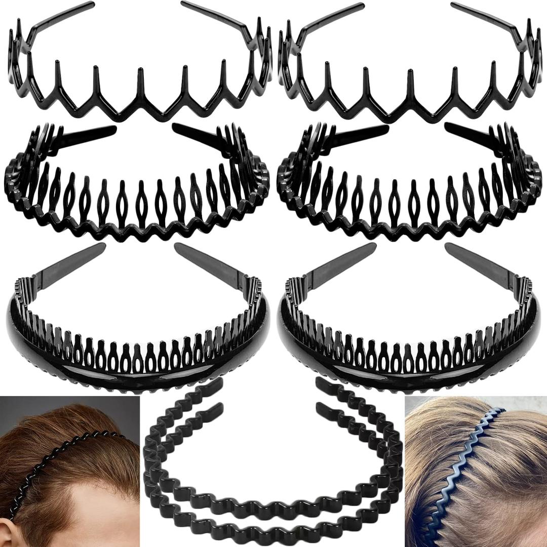 8 PCS Fashion No Slip Effortless Plastic Headbands with Teeth Comb Black Skinny Headbands Hair Accessories Bands for Women Men Teen Girls, Classic Black Bright