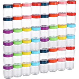 novelinks 8oz Plastic Jars With Lids Colorful Lid Mason Jars 48Pack 8 oz Plastic Containers With Lids For Diy Food Milkshake Salads Snake Jams Spices (48)