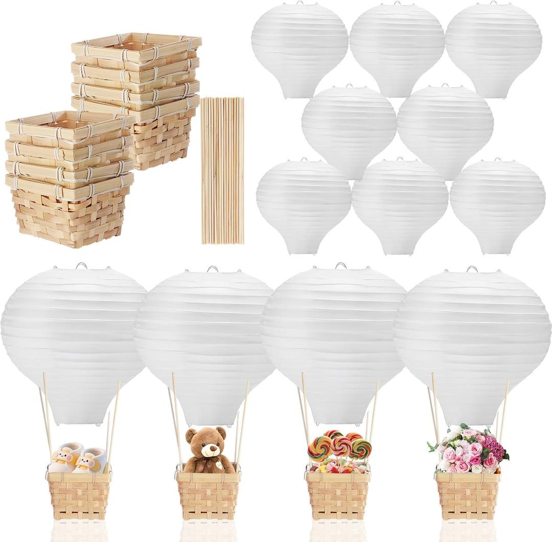 Meooeck 8 Sets Hot Air Balloons Decorations Baby Shower Table Centerpieces 11.8'' Paper Lantern with Basket for Gender Reveal Birthday Wedding Nurse Graduation Party (White)
