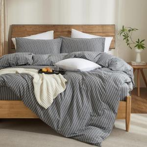 Striped Duvet Cover Set King Chic Linen Like Textured Bedding Set 100% Washed Cotton Comforter Cover for All Seasons 3 Pcs Breathable Durable Comfy (Dark Grey White Wide Pinstripes, King)