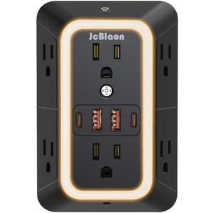 Wall Outlet Extender with Night Light, Power Plug Adapter 6 Outlet Extender with 4 USB Charging Ports2 USB C,1050J Power Strip Multi Plug Adapter Spaced for Home Office Travel-Black