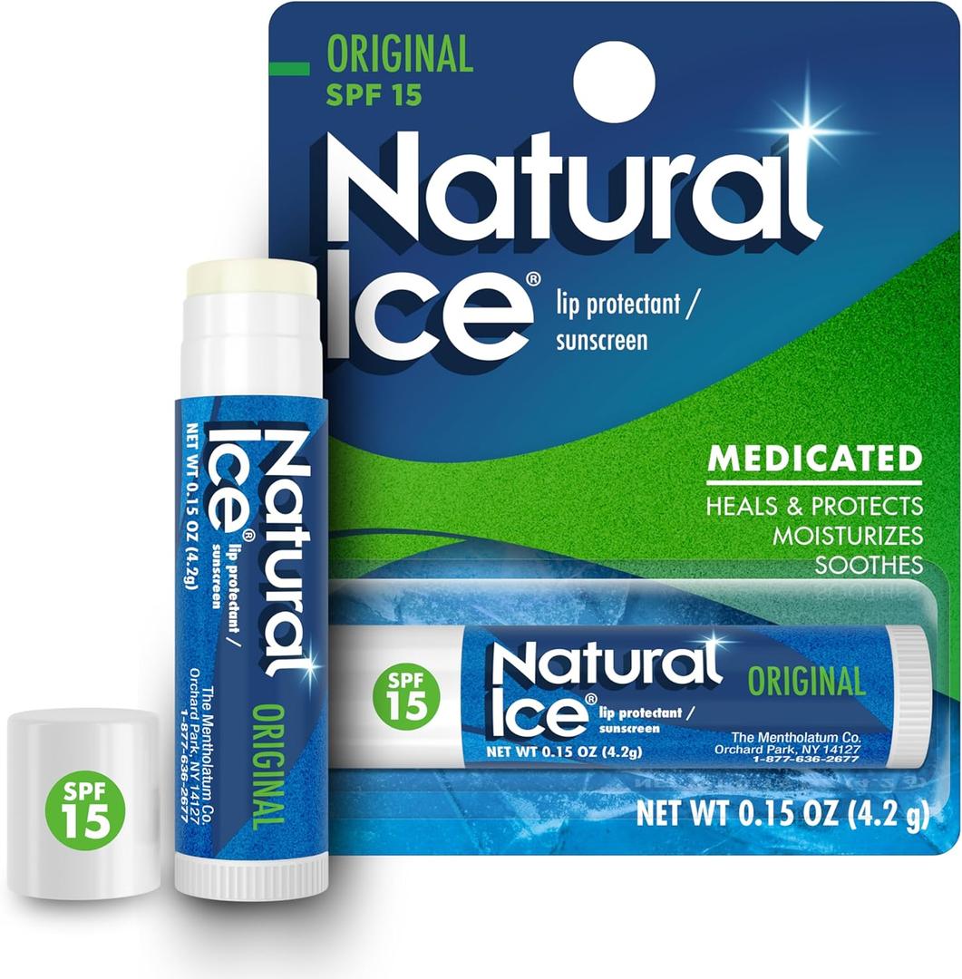 Mentholatum Natural Ice Original Medicated Lip Balm, Hydrating Lip Care for Dry, Chapped Lips, Moisturizing Formula with SPF 15 Helps Prevent Sunburn, Protection for Smooth, Soft Lips (Pack of 12)