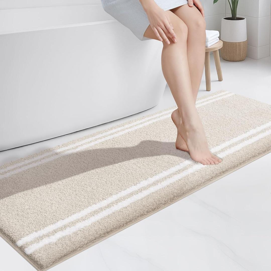 PURRUGS Bathroom Rug Non-Slip Machine Washable 24" x 60", Super Absorbent and Quick Dry Shaggy Microfiber Bath Mat, Extra Soft and Plush Bath Rug for Bathtub, Shower and Sink, Beige