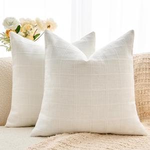 Throw Pillow Covers Set of 2 20x20 Inch Linen Check Decorative Pillow Covers, Neutral White Soft Vintage Pillowcases for Couch Sofa Bed Living Room, Farmhouse Home Boho Decor