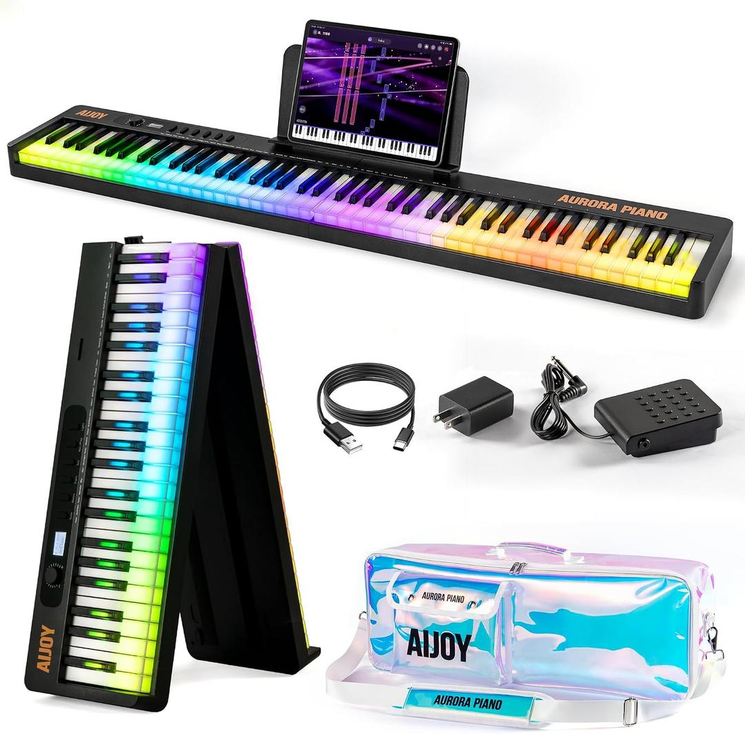 AiJoy 88 Keys Folding Piano keyboard with Colorful Light Up Keyboard Piano | Full Size Semi-Weighted Keyboard Electric Piano with USB-MIDI, Speakers, Sustain Pedal for Beginners, Travel and Small Spaces