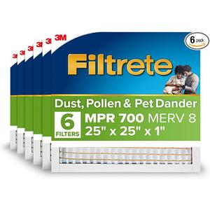 Filtrete 25x25x1 Air Filter, MERV 8, MPR 700, Dust, Pollen & Pet Dander Reduction, 3-Month AC and Furnace Filter, Easy on Air Flow, 6 HVAC Filters (Actual Size 24.81 x 24.81 x 0.81 in)