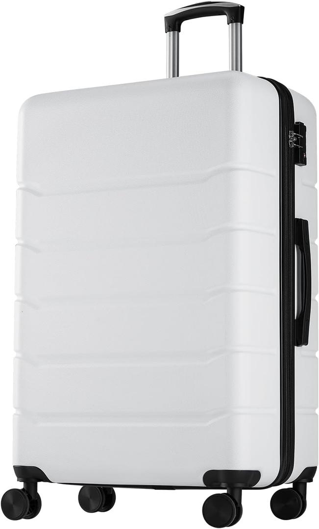 NEWBULIG 24 Inch Checked Luggage, Expandable Suitcase with Spinner Wheels, White
