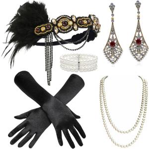 BABEYOND 1920s Flapper Accessories Gatsby Costume Accessories Set 20s Flapper Headband Pearl Necklace Gloves (Black Gold)
