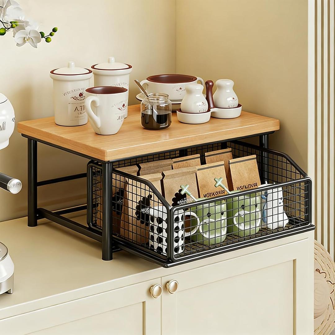 Kitchen Countertop Organizer with Drawer, Sturdy Wood 2-Tier Shelf and Metal Wire Basket for Coffee Maker Microwave, Multi-Purpose Counter Storage for Fruit Spices Snacks, Easy Assembly (2)