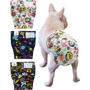 CuteBone Washable Dog Diapers Female No Tail Hole 3 Pack Reusable Doggie Period Training Pants for Docked-Tail Frenchie French Bulldog Boston Terrier Without Tail WWD26L Large