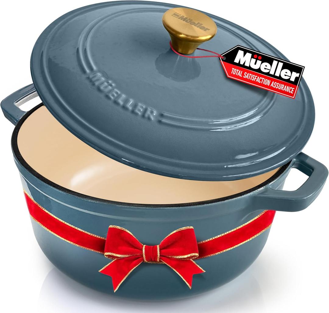 MUELLER HOME 6 Quart Enameled Cast Iron Pot Dutch Oven, Heavy-Duty, Oven-Safe up to 500 F & Across All Cooktops, Bread Pan with Lid & Knob, Cast Iron Cookware, Blue Kitchen Accessories, Mineral Blue