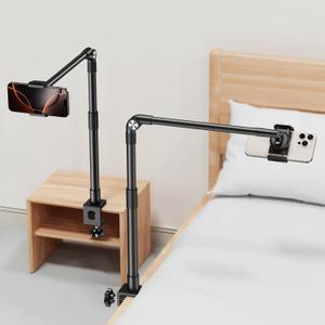 elitehood Aluminum Arm Phone Holder for Bed [360° Swivel Tilt Rotation], Adjustable Bedside Phone Holder Laying Down, iPhone Stand for Bed Desk Overhead, iPhone Clamp Mount Fit All 4-7’’ Cellphone