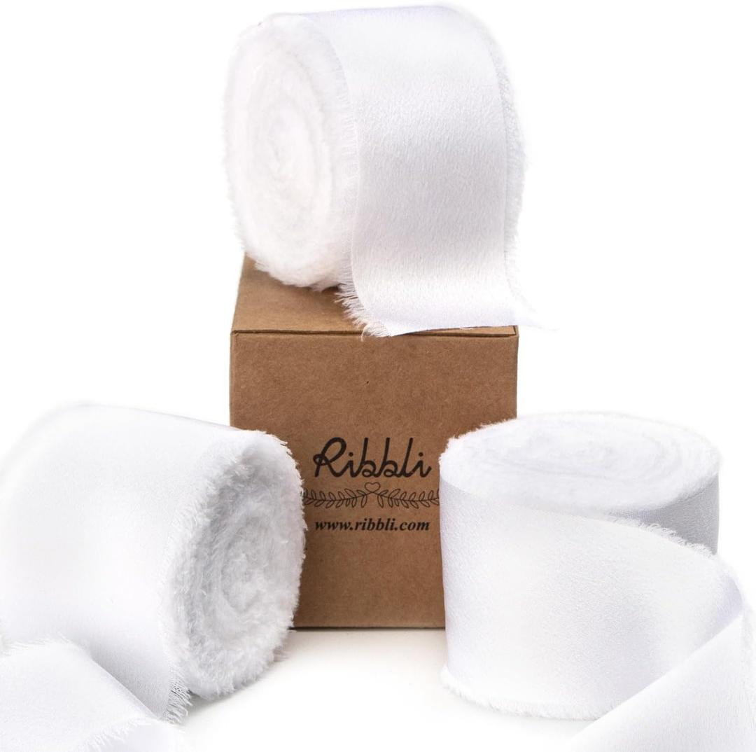 Ribbli White Silk Satin Ribbon - 1.5 Inch x 30 Yard Handmade Frayed Chiffon for Gift Wrapping, Wedding Invitations, Bridal Bouquets & Home Decor