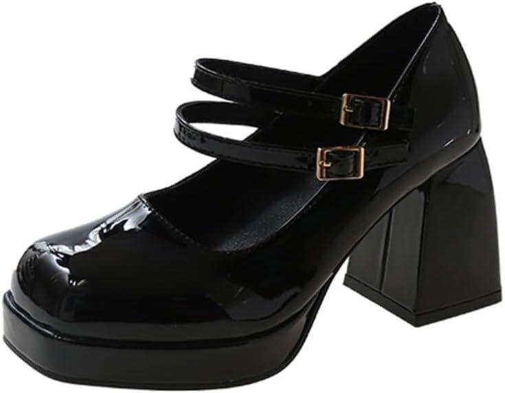 Ulalaza Womens Platform Mary Janes Dress Pumps Chunky Platform Shoes Patent Leather Gothic Lolita Sweet Toe Ankle Size 7