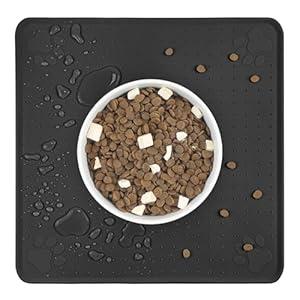 Ptlom Pet Placemat for Dog and Cat, Waterproof Non-Slip Bowl Mat Prevent Food and Water Overflow, Puppy Dish Feeding Mats Suitable for Medium and Small Pet, Silicone (13" *13", Black)