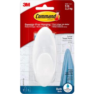 Command Large Towel Hook, Holds up to 5 lb, 1 Bath Hook with 1 Water-Resistant Command Strip, Damage Free Bathroom Organization for Robes, Towels, Loofahs, or Bathroom Accessories