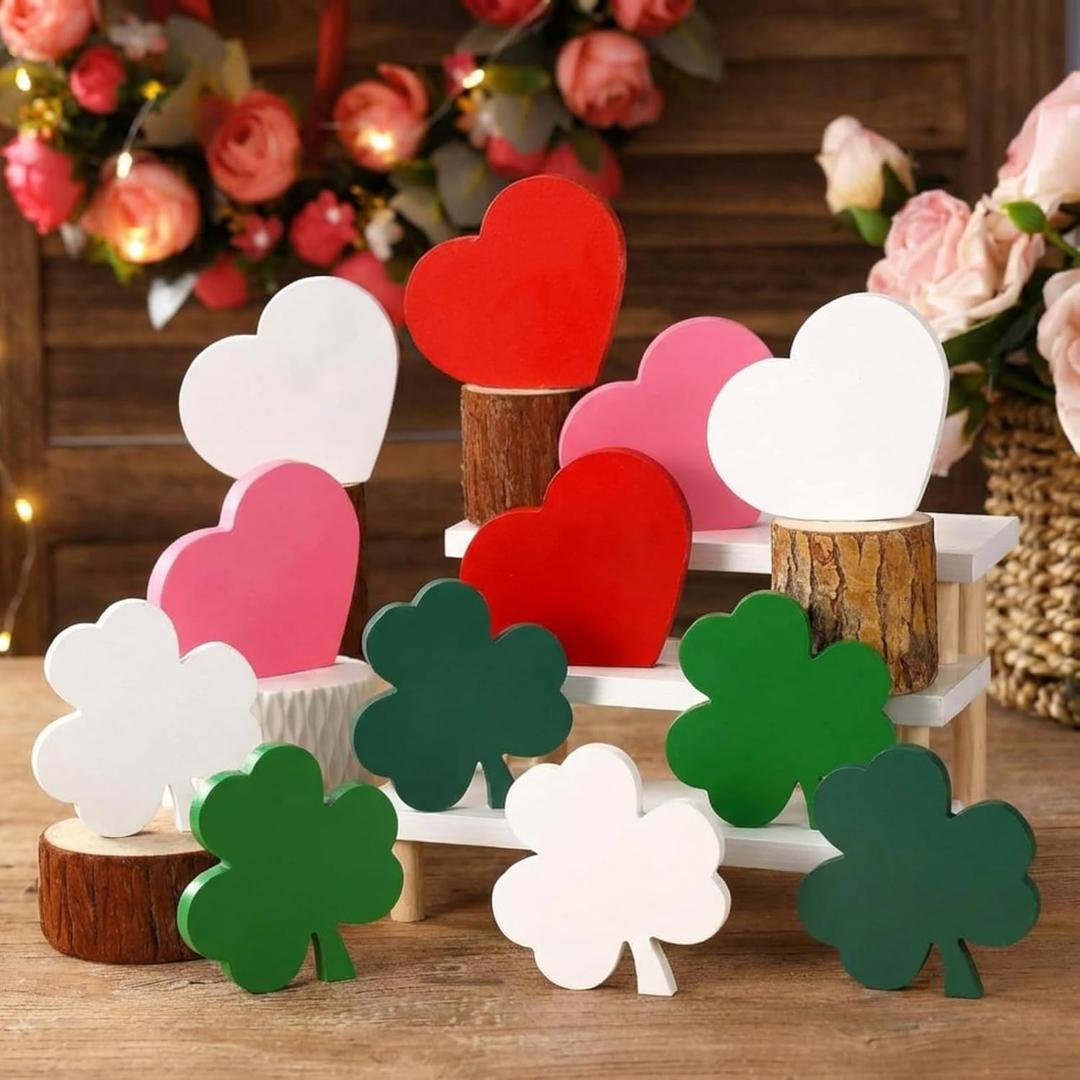 12 Pcs Valentines Day Decor and St. Patrick's Day Decorations Heart Wood Sign and Shamrock Wooden Table Centerpieces Tiered Tray Decor for Home Kitchen Office