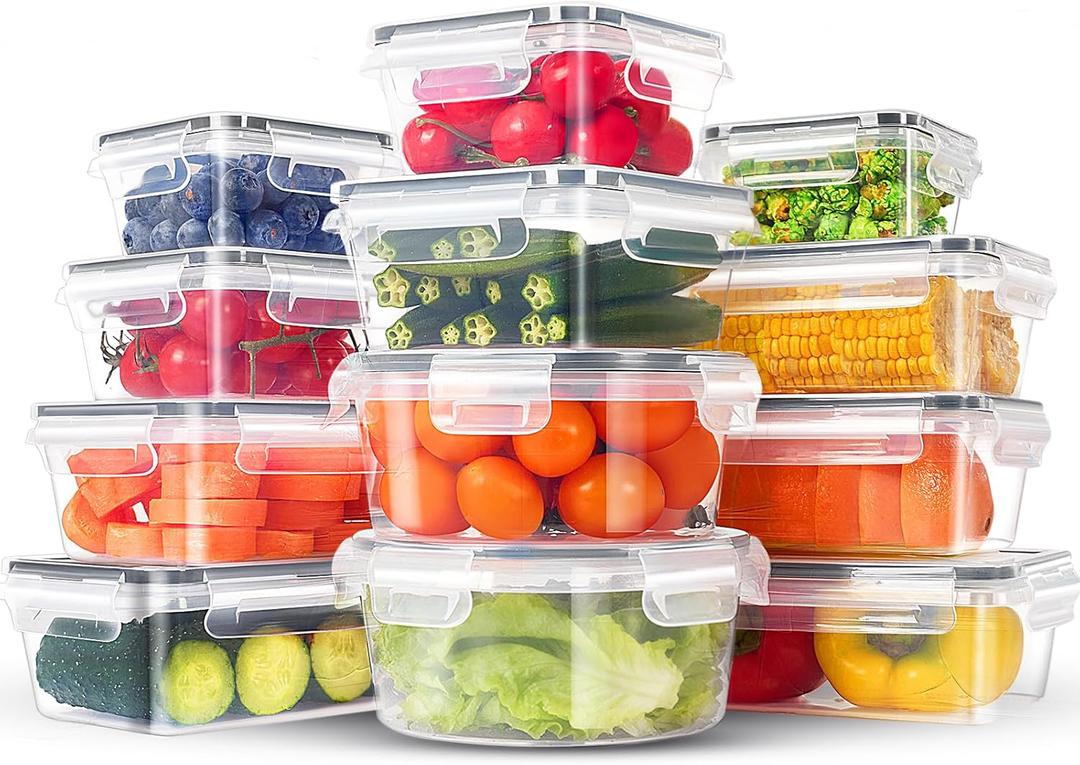 24-Piece PVC-Free BPA-Free Food-Grade Plastic Kitchen Set (12 Containers + 12 Lids), Leakproof Airtight Reusable Meal Prep & Food Storage Containers, Microwave and Dishwasher Safe