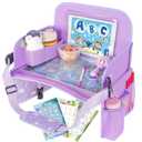 MENZOKE Car Seat Tray for Kids Travel, Kids Travel Tray with Educational Drawing Board, Tablet Holder & Cooler Cup Holder, Holiday Gifts for Car Trip, Purple