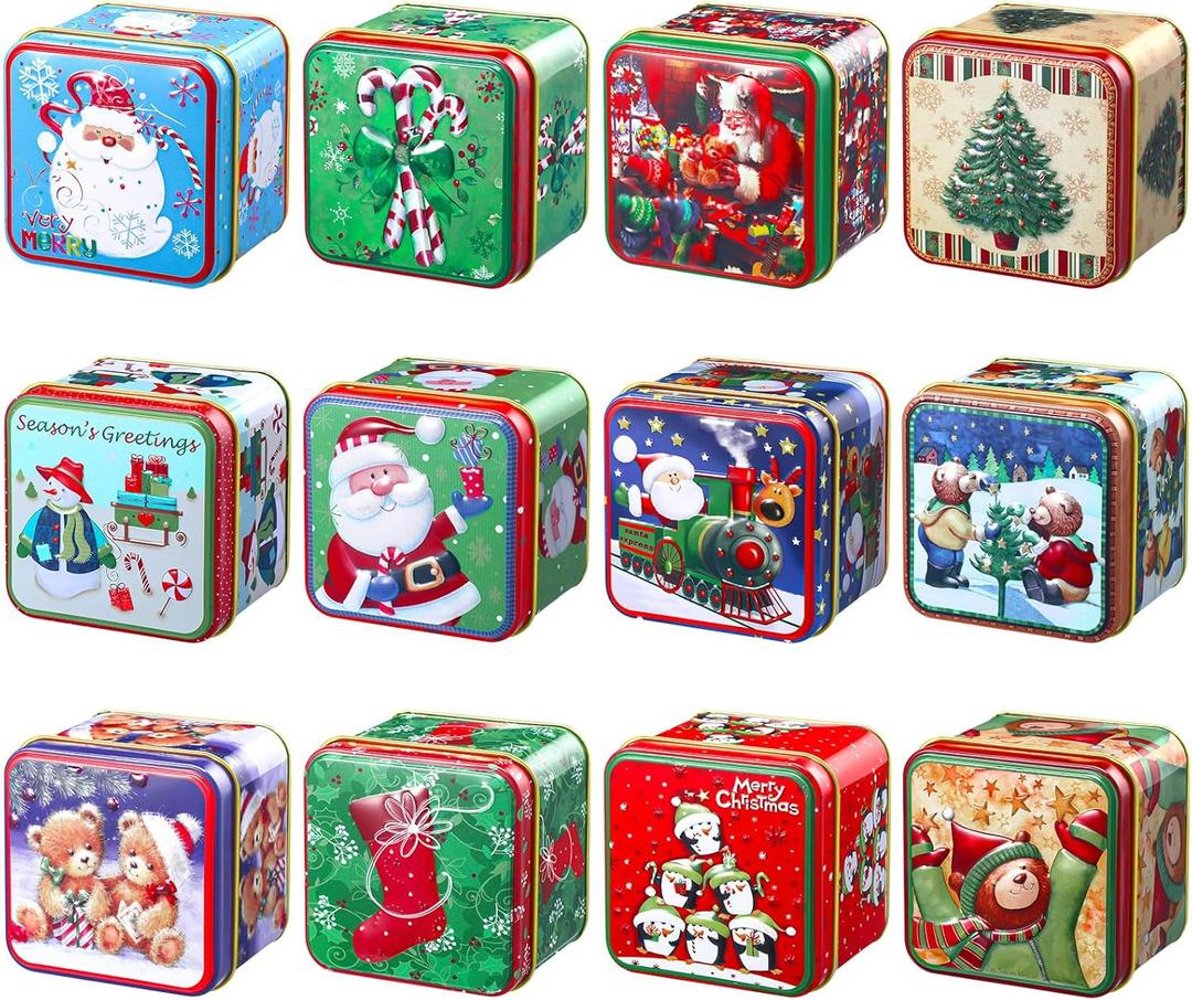 Sosation 12 Pcs Christmas Cookie Tins with Lids Square Candy Tin Set Metal Candy Boxes Containers for Xmas Gift Holiday Party Small Christmas Cookie Jar, 12 Style, 2.95 x 2.95 x 2.56 Inch(Cute)