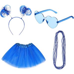 4th of July Tutu Costume Set American Patriotic Pom Pom Headband Layered Tulle Heart Sunglasses Necklaces for Women (Small, Blue)