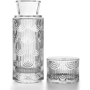 DmmyAlzx Bedside Water Carafe and Glass Set, Mouthwash Dispenser for Bathroom, 21.6 Oz Glass Water Bottles with 6 Oz Drinking Cup as Lid, Pitcher for Nightstand, Kitchen (Clear)