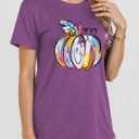 Women's Halloween Tops, Pumpkin Head Graphic Tees with Subtle Ghost Accents for Spooky Season Casual Wear (Purple, XL)