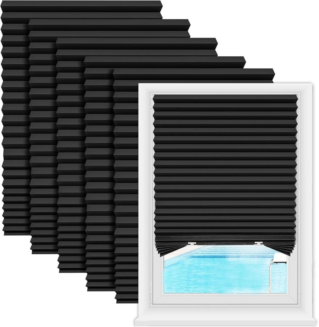 Zipcase 6 Pack Window Blackout Shades, 100% Shading Cordless Light Filtering Pleated Paper Shades, 36 in x 72 in(Fits Windows 19- 36), Black