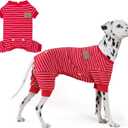 KYEESE Dog Pajamas, Striped Pet PJS Velvet Fleece Doggie Jammies, 4 Legs Outfit Soft Dog Pajamas, Cozy Pet Clothes Onesie, Comfortable PJS for Large Dogs,Red Striped,XXX-Large