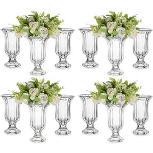 Glasseam Ribbed Glass Vase for Flowers, 7.5in Tall Vases for Centerpieces, Modern Crystal Clear Vase Set of 12, Decorative Flower Vases for Decor, Fluted Footed Urn for Wedding Dining Table Decoration