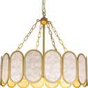 Wellmet Gold Drum Chandelier Coastal, Natural Capiz Shell Chandeliers for Living Room, Round Boho Lighting Fixture Ceiling Hanging for Dining Room, Bedroom, Kitchen Island, Foyer