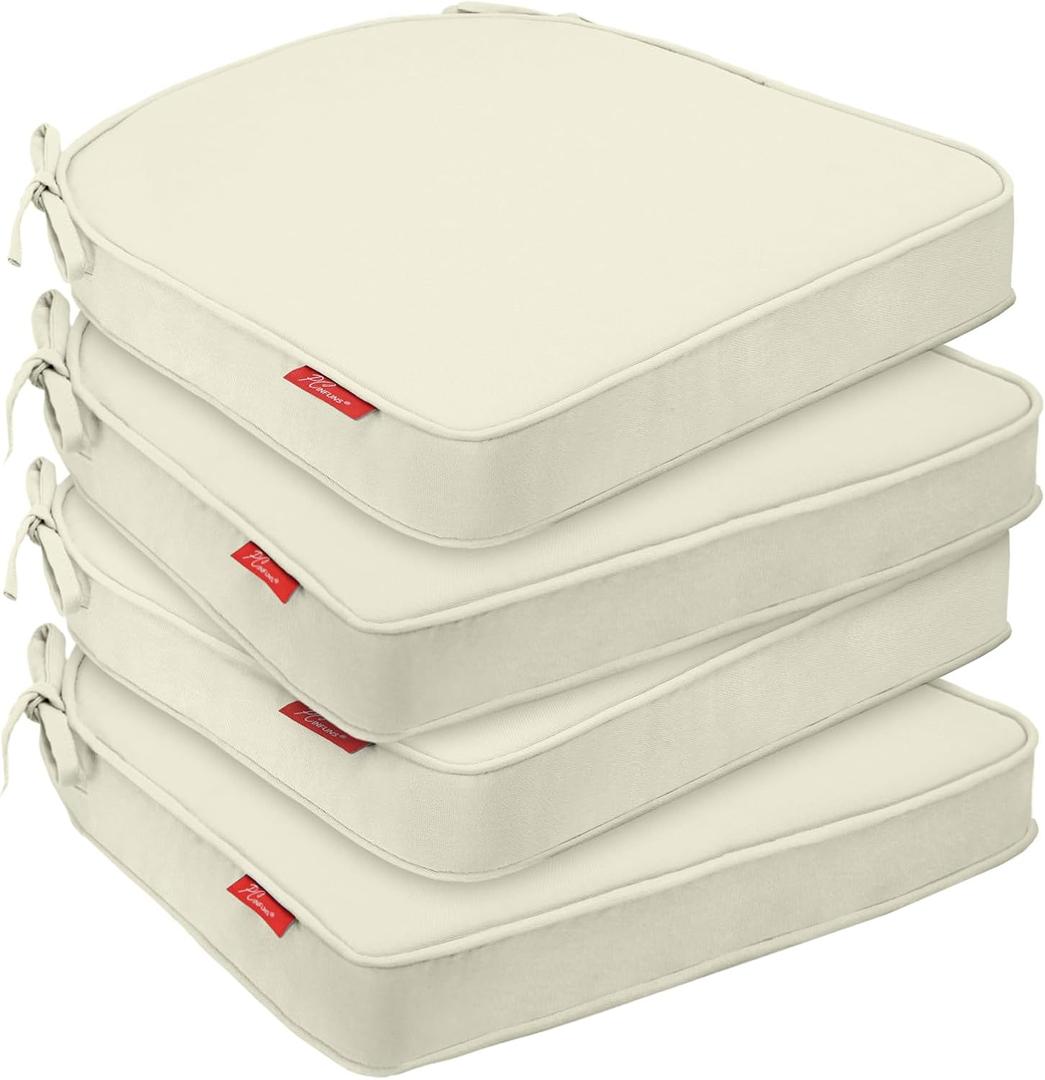 Pcinfuns Outdoor Chair Cushions 17"x16"x3" Set of 4,Memory Foam Seat Cushion for Patio Furniture with Ties,Removable Cover Hidden Zipper Round Corner for Yard Garden,Beige
