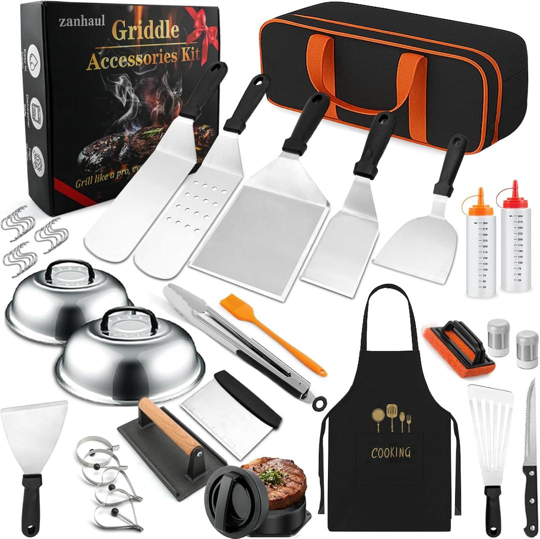 42PCS Griddle Accessories Kit for Blackstone and Camp Chef, Professional Flat Top Grill Tools Set with Enlarged Spatulas, Basting Cover, Scraper, Carry Bag, Complete Outdoor BBQ Grilling Set